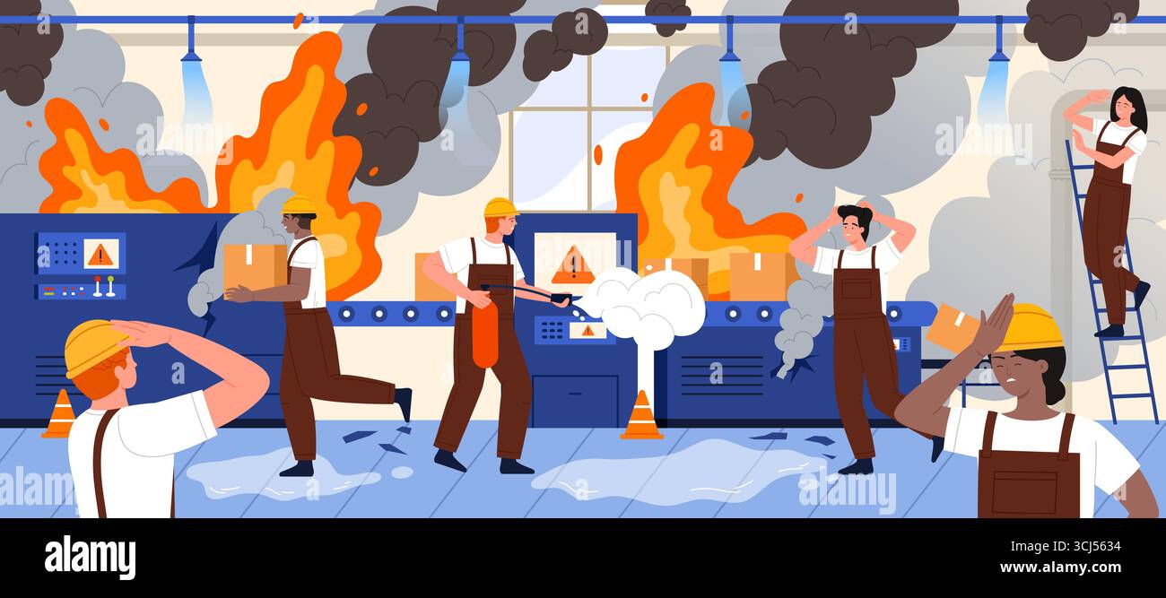 Accident in factory building interior with burning conveyor machine ...