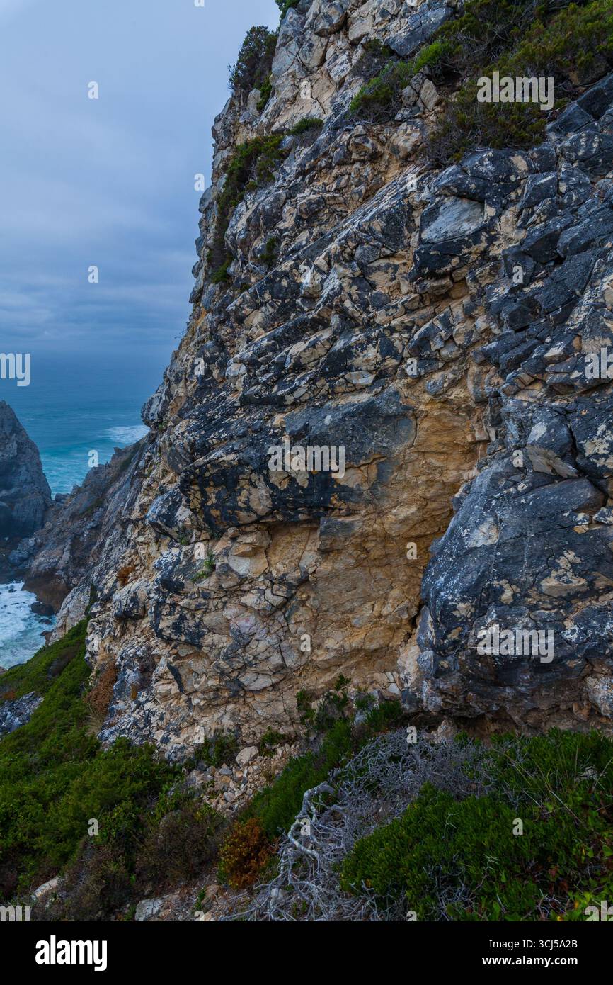 Pitted Rocks Cliffs A dramatic cliff face with rugged rock textures, patches of greenery ...