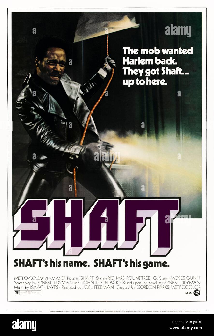 Shaft (1971) directed by Gordon Parks and starring Richard Roundtree, Moses Gunn and Charles Cioffi. A cool Harlem private detective is hired by a mob figure to rescue his kidnapped daughter from rival gangsters amid a turf war. Photograph of an original 1971 US one sheet poster EDITORIAL USE ONLY. Credit: BFA / Metro-Goldwyn-Mayer Stock Photo
