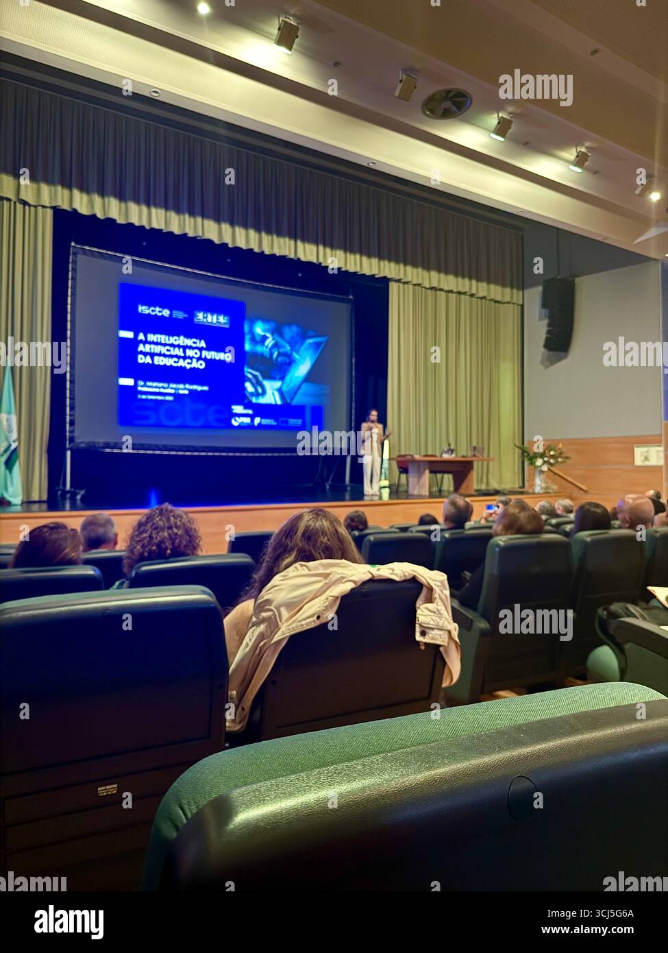 A speaker presenting at the 9th Regional Meeting on Technologies in Education in a well-attended auditorium. - Smartphone Captured Stock Image