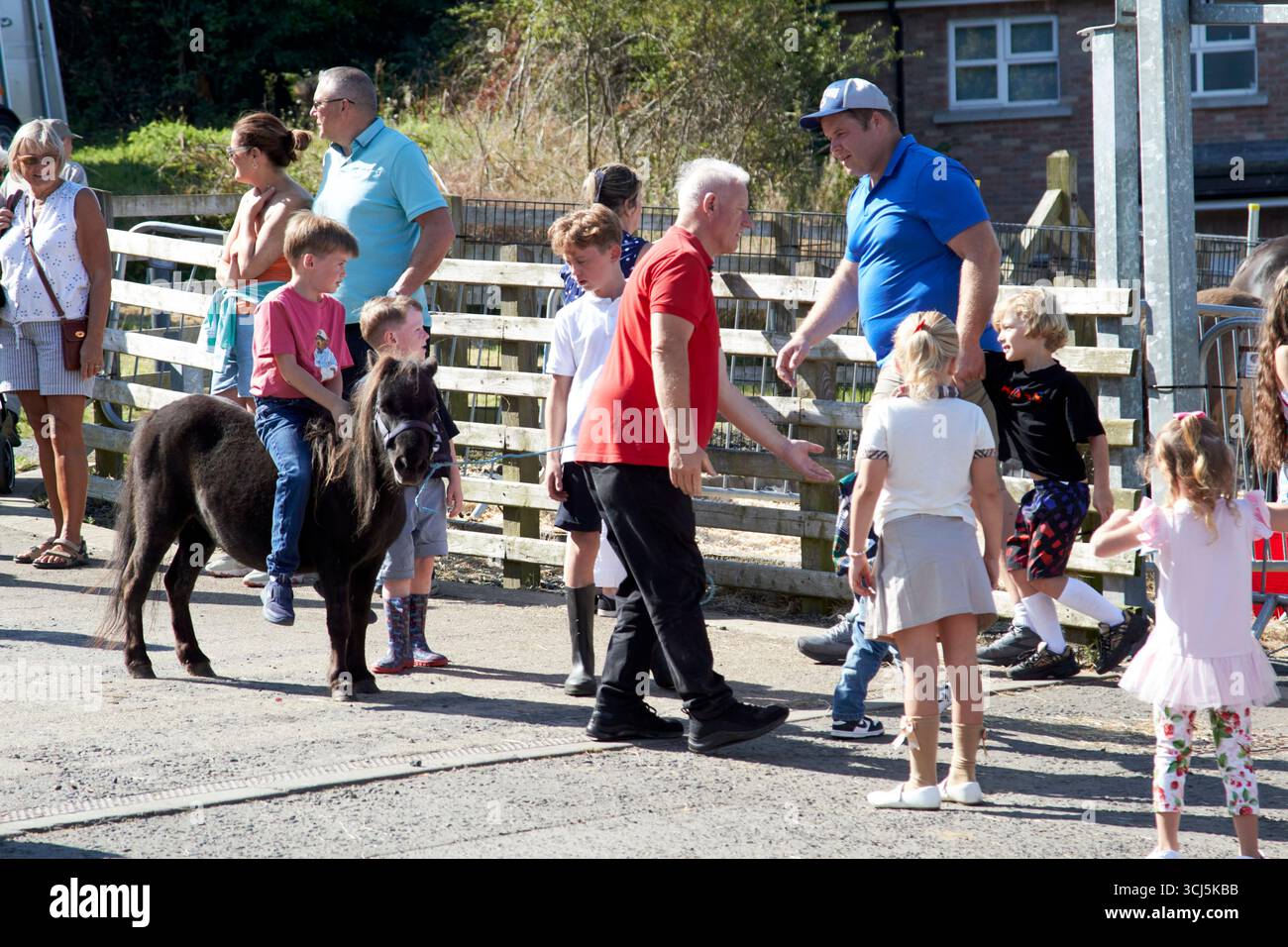 children riding small pony at the horse trading area at the aul lammas fair ballycastle county antrim northern ireland uk Stock Photo