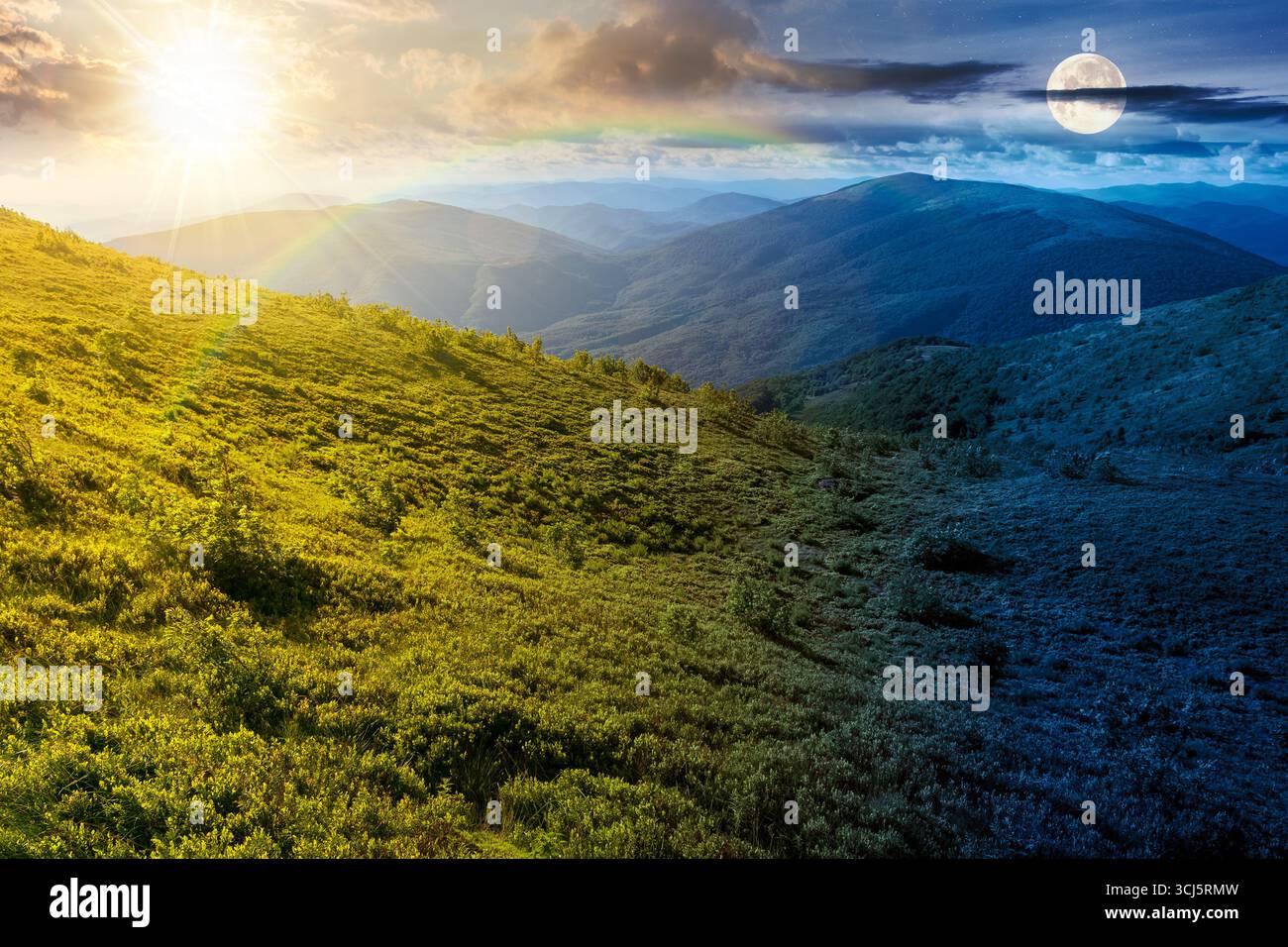 mountain landscape in summer. day and night time change concept. beautiful view of rolling green hills and alpine meadows with sun and moon. scenery w Stock Photo