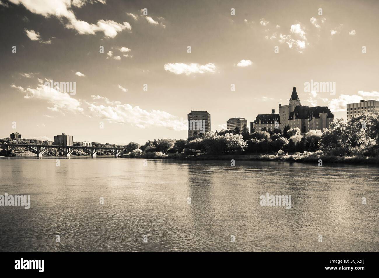 The city skyline of Saskatoon, Saskatchewan, Canada, monochrome, infrared, black, white, sepia Stock Photo