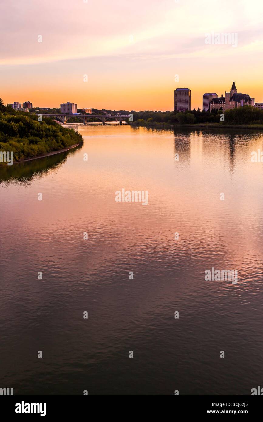 The skyline of Saskatoon, Canada at sunset. Stock Photo