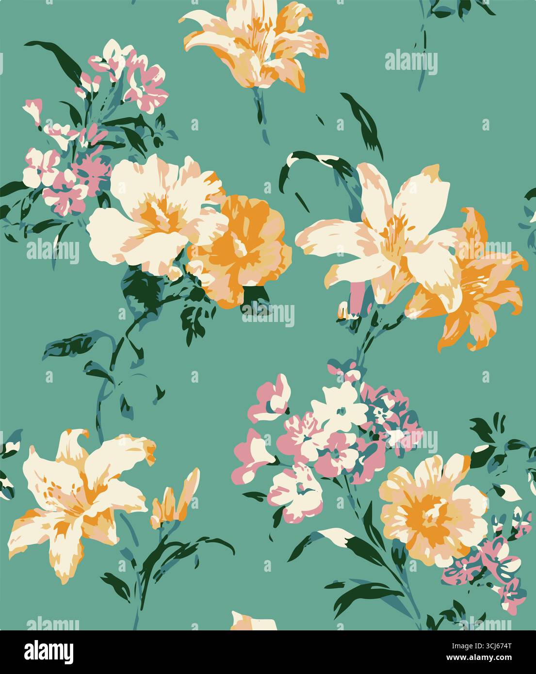 Big flowers pattern, upscale floral pattern. graphical textures floral, trendy colors pattern , flowers background with leaves. vector illustration. Stock Vector