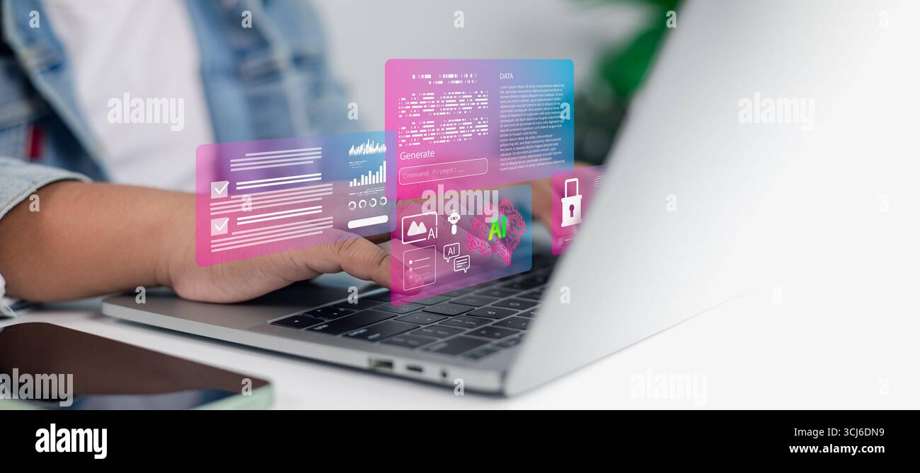 Person using AI interface on laptop for data analysis, machine learning, and cybersecurity, representing modern business technology integration. Stock Photo