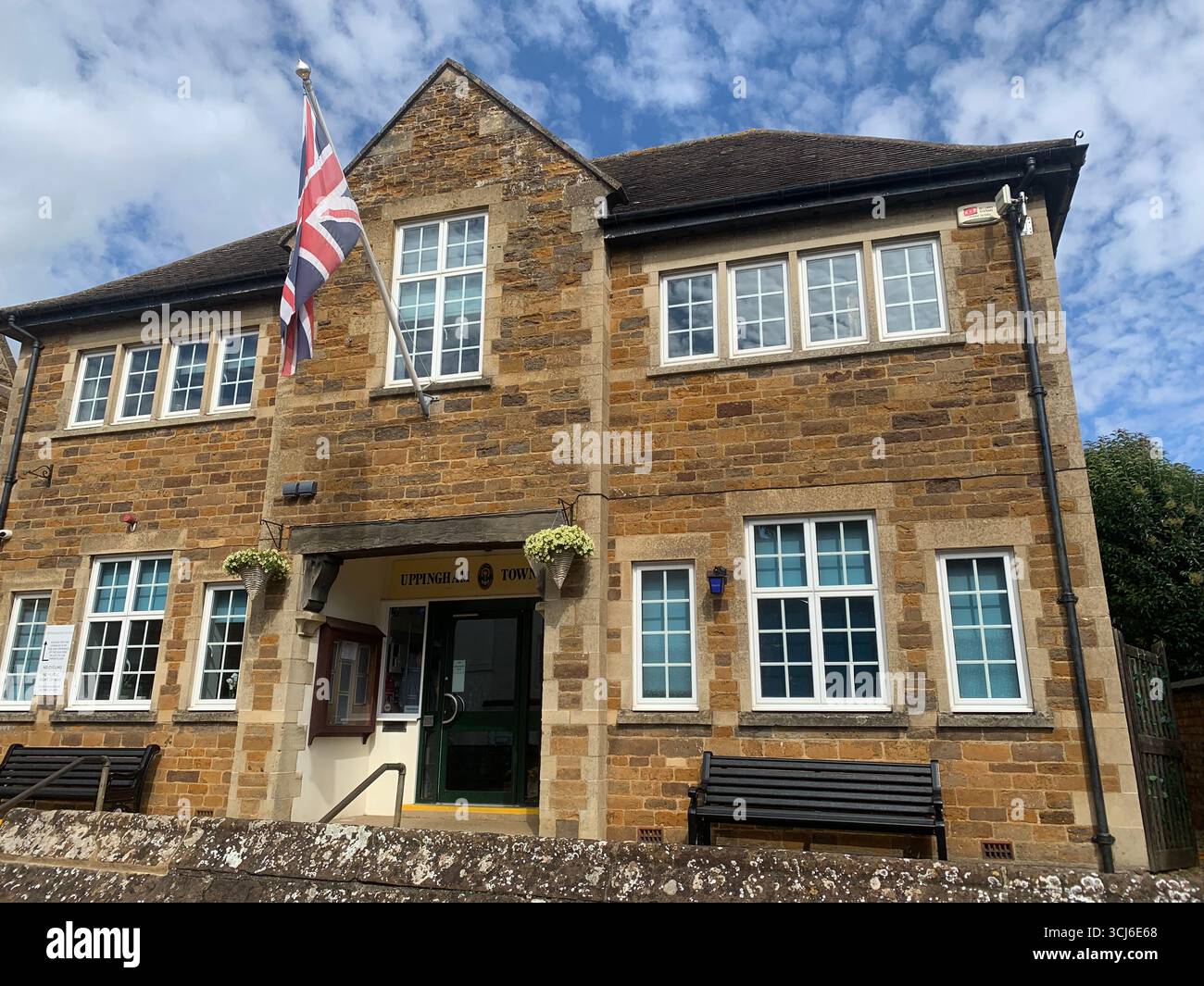 Town Hall Uppingham Councill building buildings flag UK British Rutland County Council history historic place High Street Oakham Market Town Village - Smartphone Captured Stock Image