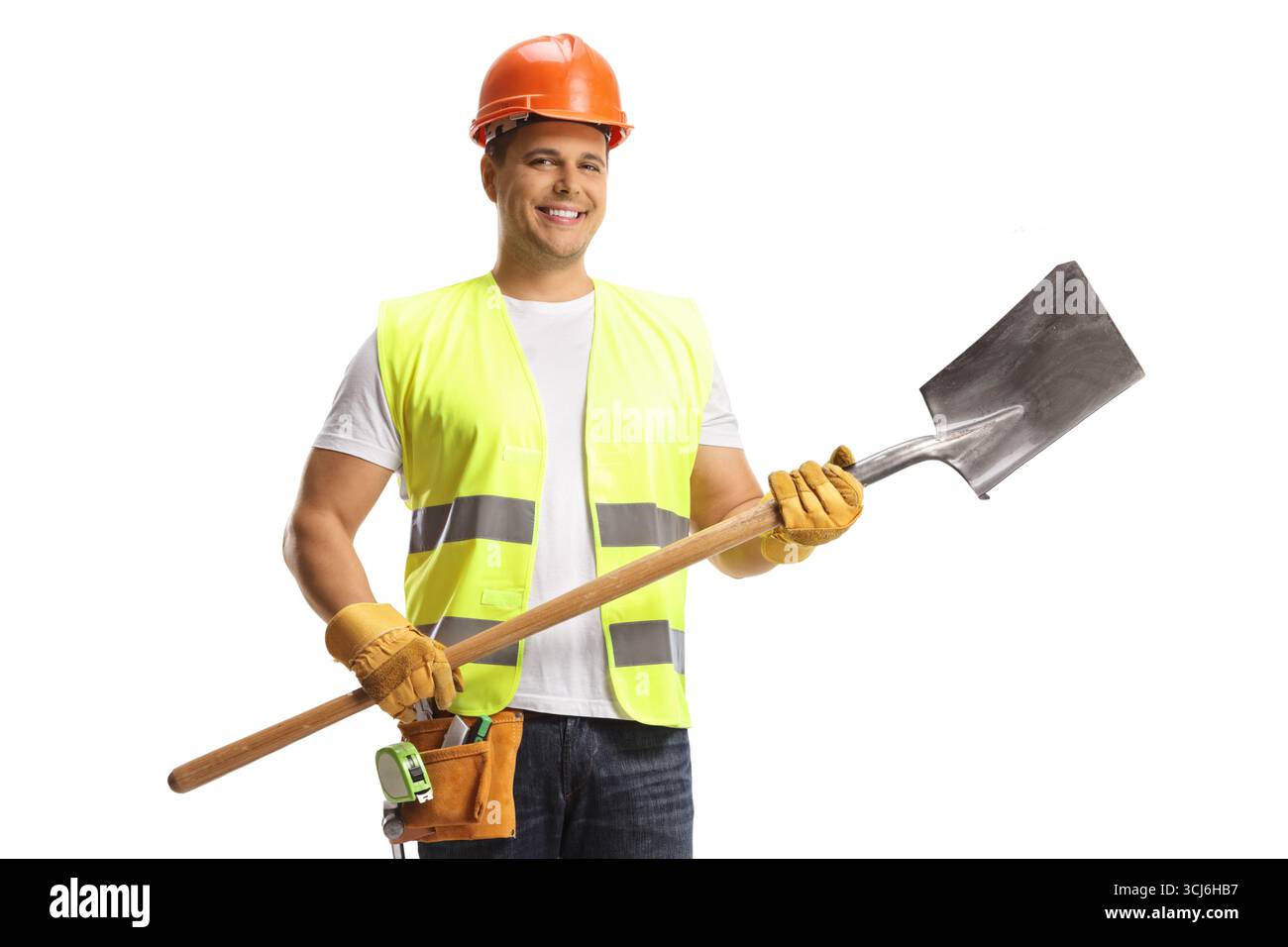 Construction worker holding a shovel isolated on white background Stock Photo