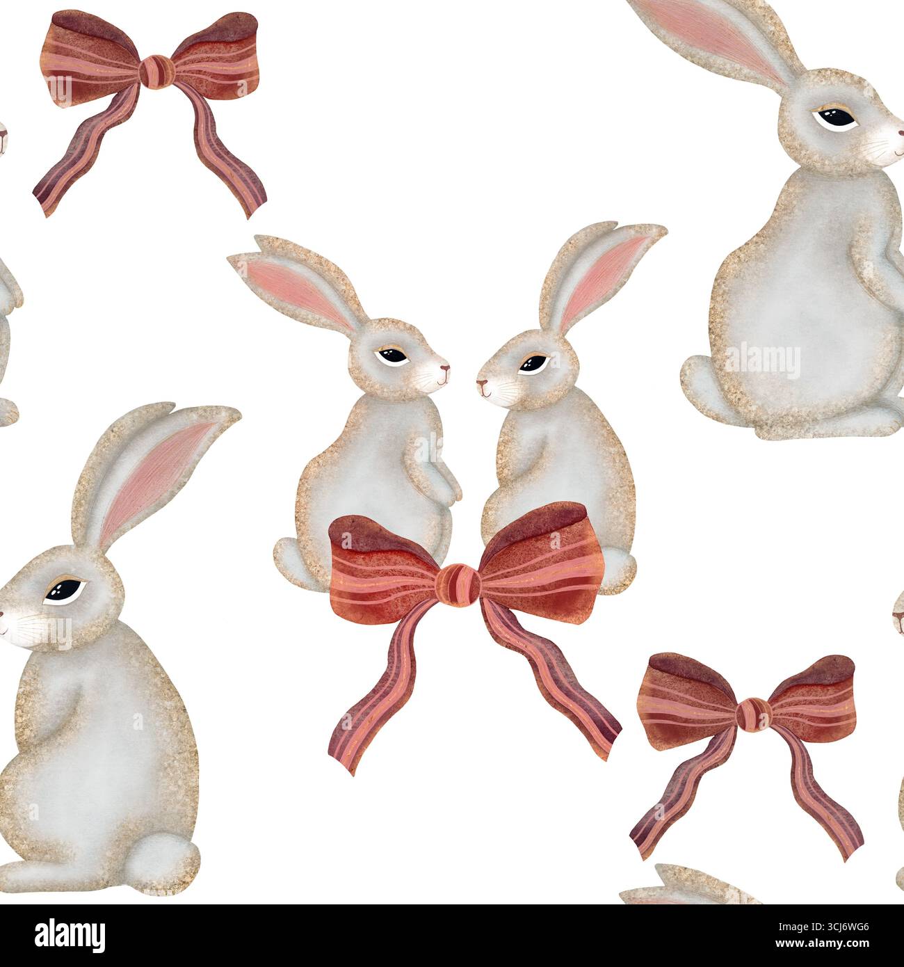 Watercolor bunny seamless pattern. Gray bunnies with pink bows on white background. Perfect for baby shower designs, nursery decor, or Easter projects Stock Photo