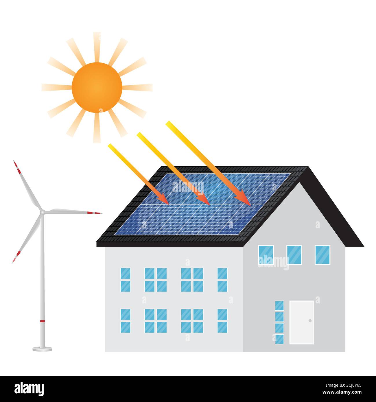 House With Solar Panel on Roof with Wind Turbine. Solar Energy and ...