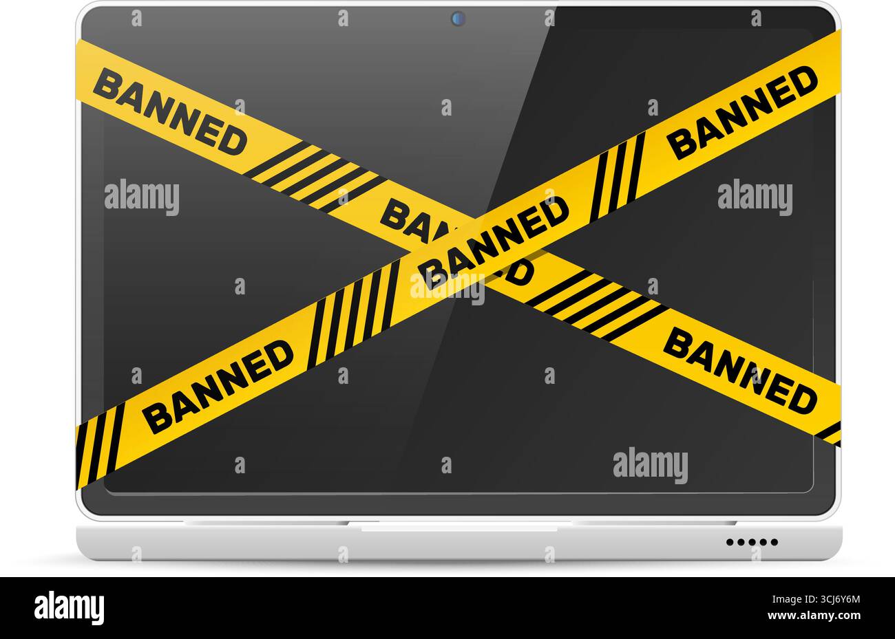 Realistic laptop mockup with banning yellow ribbons on screen ...