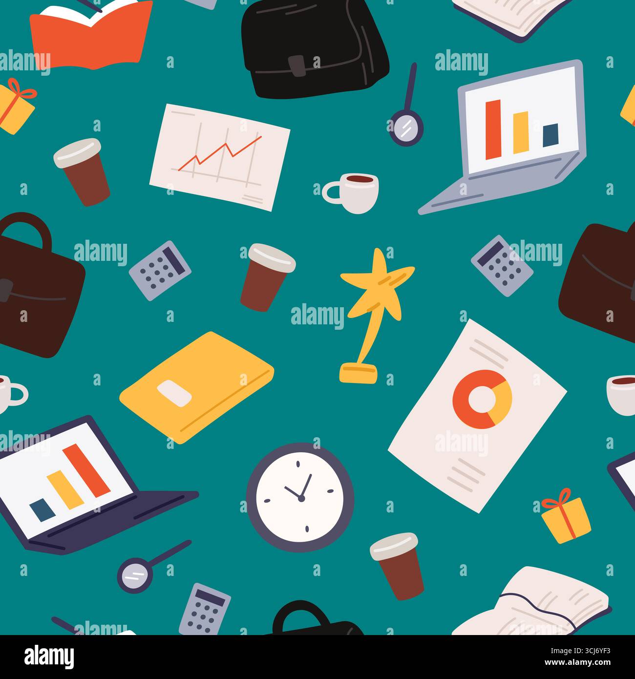 Office items and tools. Business seamless pattern. Project graphs. Charts at laptop screen. Time clock. Repeated print. Folders with paper documents. Stock Vector