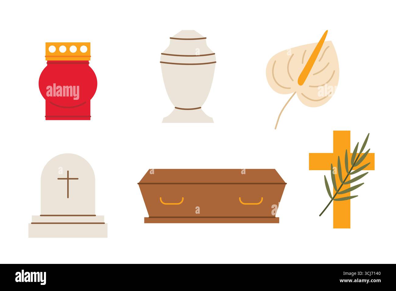 set of funeral, remembrance icons: cross with palm leaf, urn, candle ...