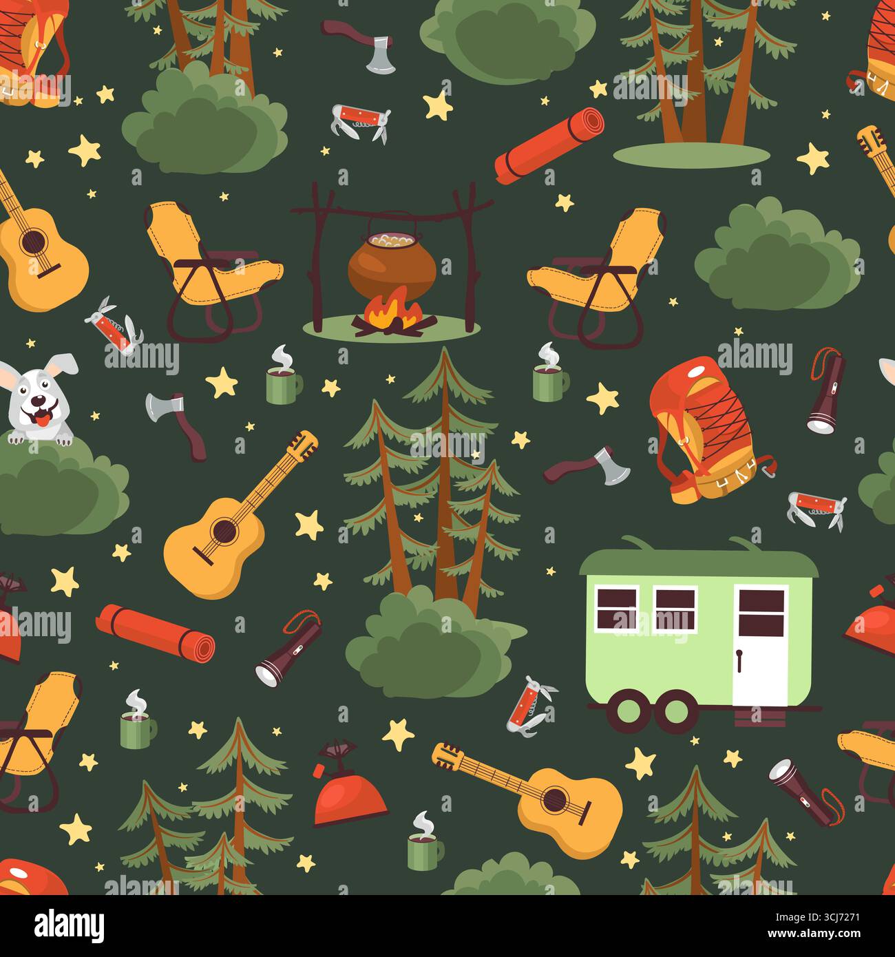Camping or vacationing in woods. Campsite seamless pattern. Campground tent with campfire. Repeated print. Flashlight and backpack for hiking travel. Stock Vector