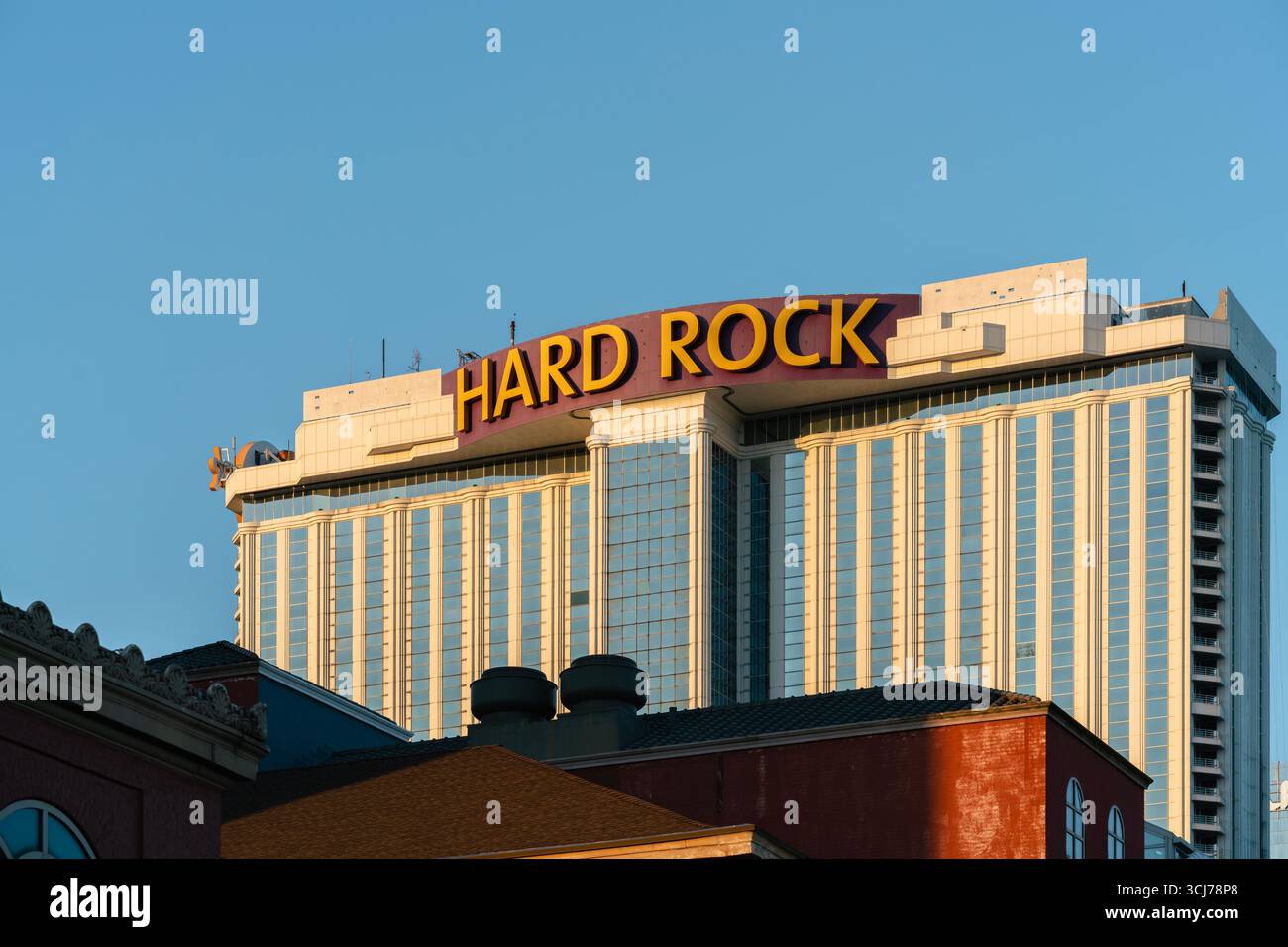 Atlantic City, NJ - Aug 25, 2025: Hard Rock Hotels offer a music-themed hospitality experience, known for their collection of iconic rock and roll mem Stock Photo
