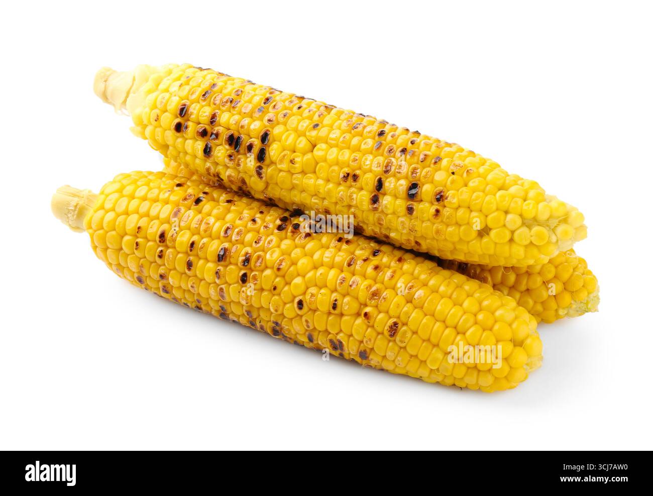 Three tasty grilled corncobs isolated on white Stock Photo
