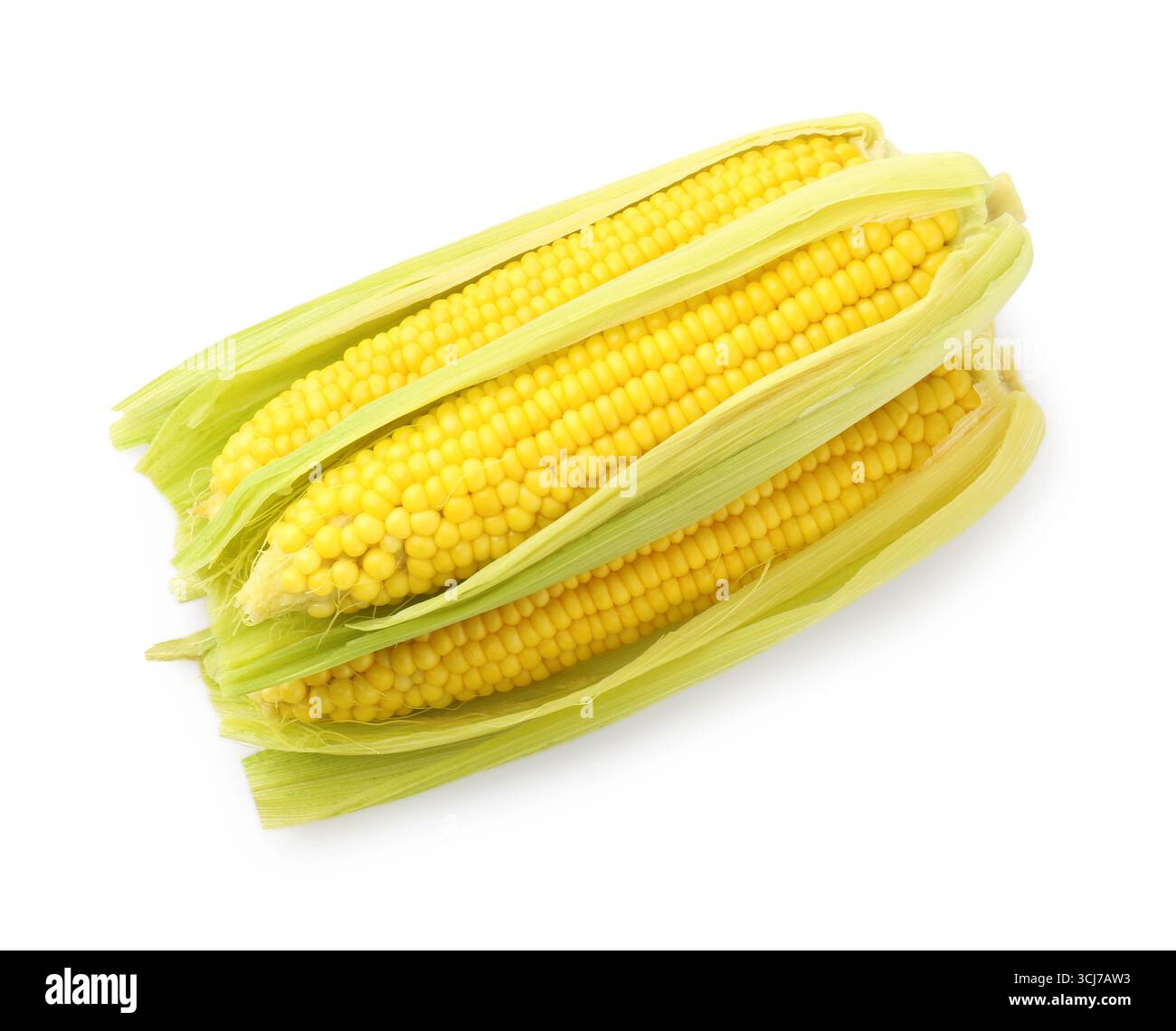 Three tasty boiled corncobs isolated on white, top view Stock Photo