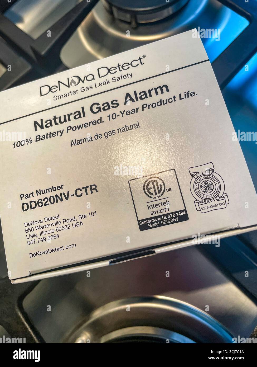 Close-up of a natural gas alarm package that is battery powered with a 10 year product life, 2025, USA - Smartphone Captured Stock Image