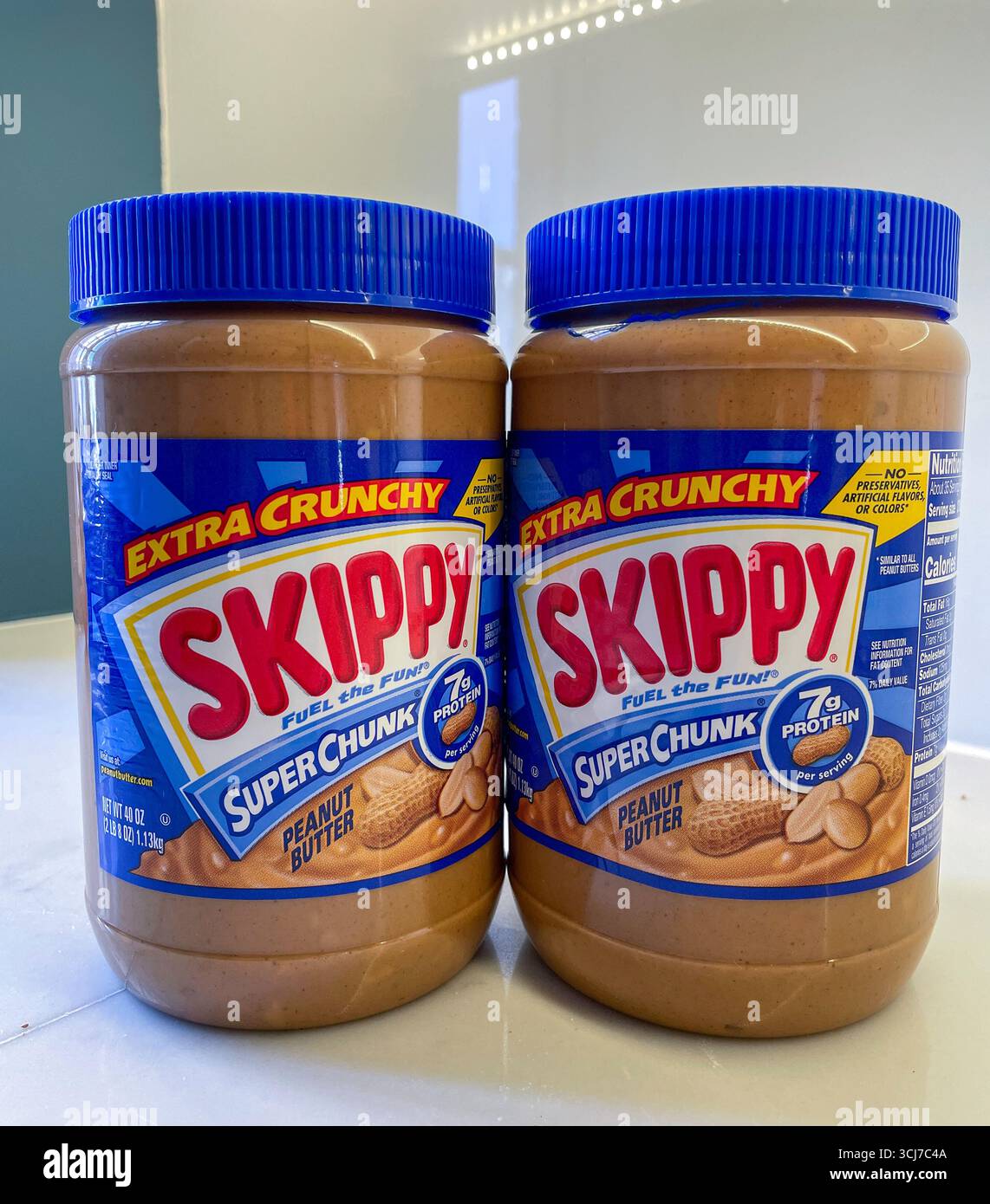 Still life of two  jars of Skippy peanut butter, 2025 United States - Smartphone Captured Stock Image