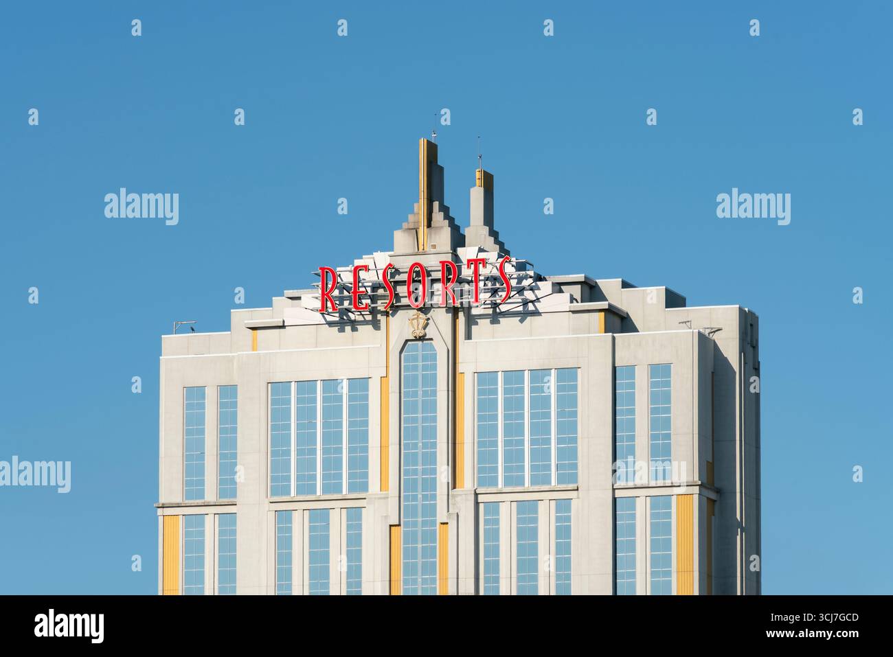 Atlantic City, NJ - Aug 25, 2025: Close-up view of Resorts Casino Hotel Skyscraper Stock Photo