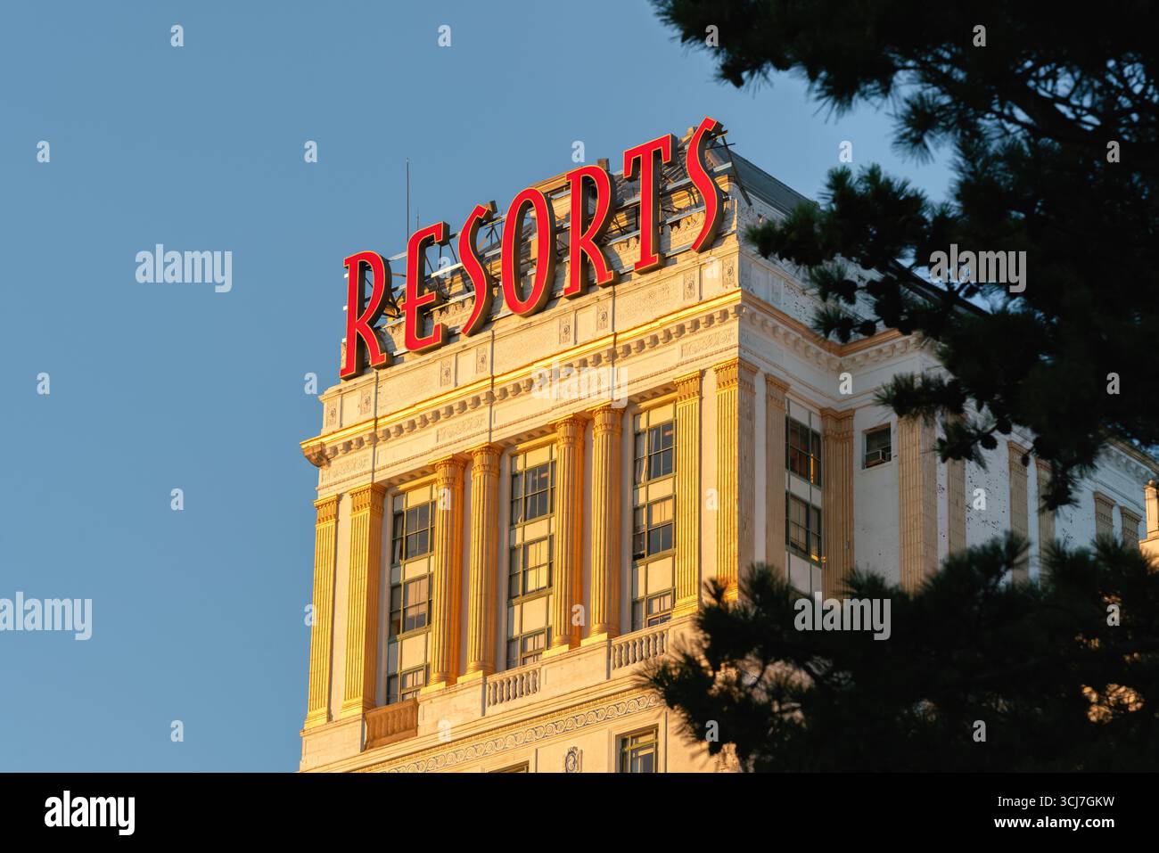 Atlantic City, NJ - Aug 25, 2025: Golden-hour close-up view of Resorts Casino Hotel Skyscraper Stock Photo
