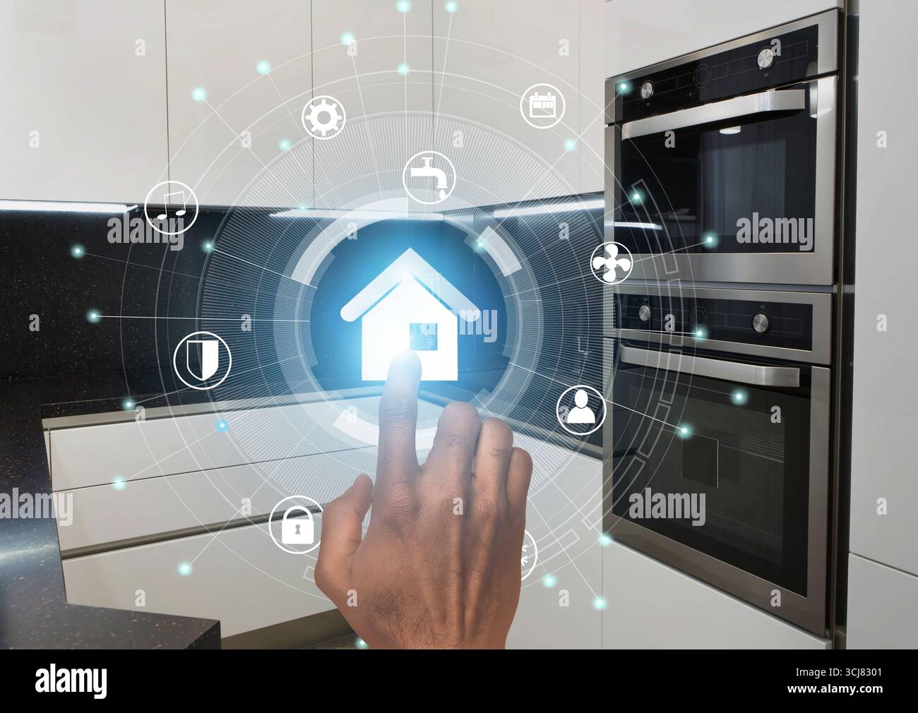 Smart technologies. Millennial guy using modern home control system in kitchen, collage with icons on virtual screen Stock Photo