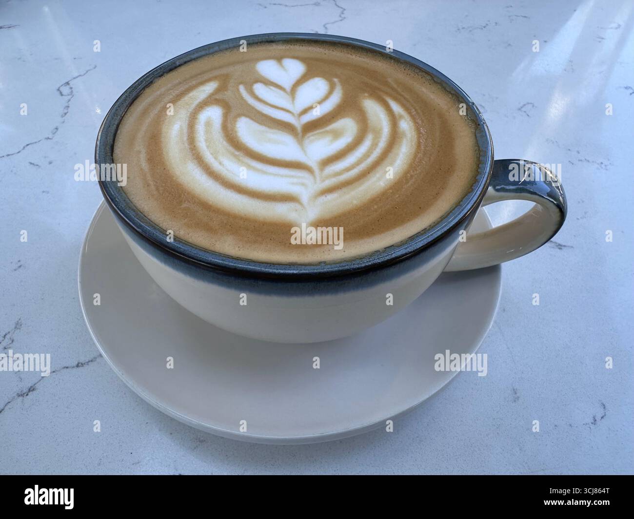 Close-up of a latte with leaf-style foam art served in a ceramic cup on a marble table. - Smartphone Captured Stock Image