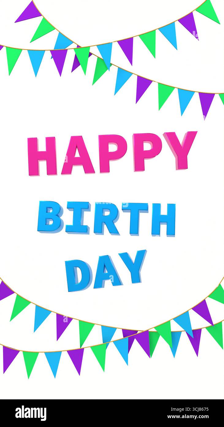 Happy Birthday in pink an blue, with colored pennant string. Happy Birthday in pink an blue, with colored pennant string. Birthtday party, celebration Stock Photo