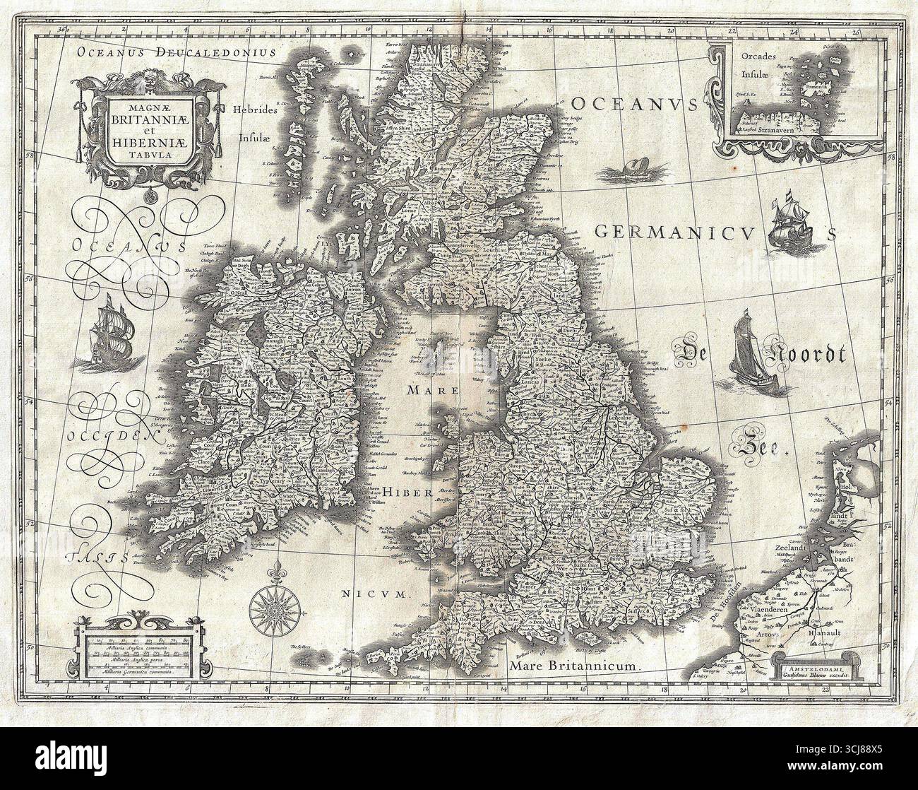 Historical map of the British Isles by Willem Blaeu, published in 1631 ...