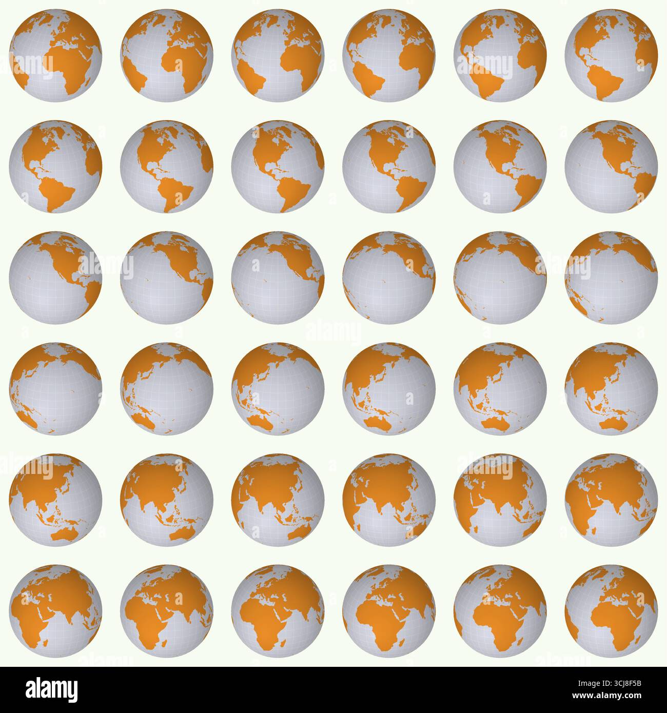 Collection of globes. Slanted sphere view. Rotation step 10 degrees. Solid color style. World map with sparse graticule lines on pale background. Stock Vector