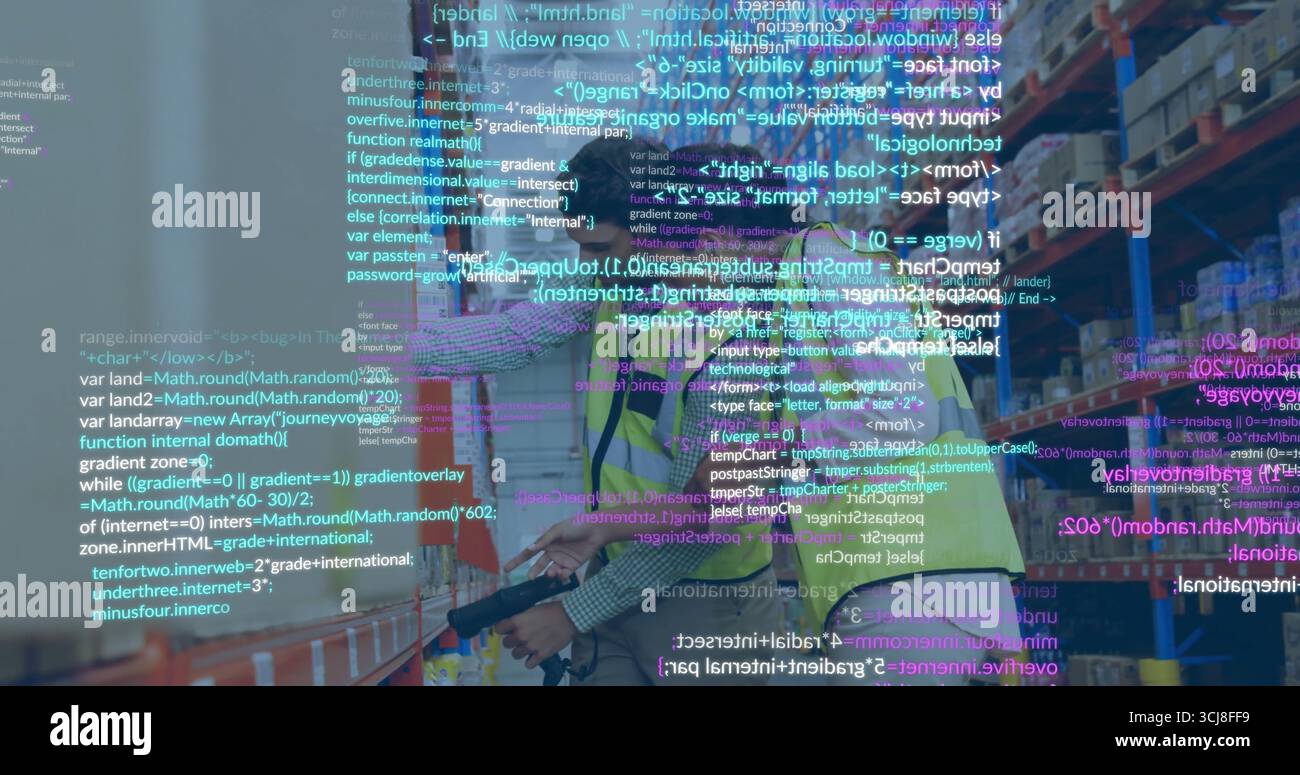 Scanning at racks, warehouse workers wearing vests using scanner tablet with boxes crates AR view Stock Photo