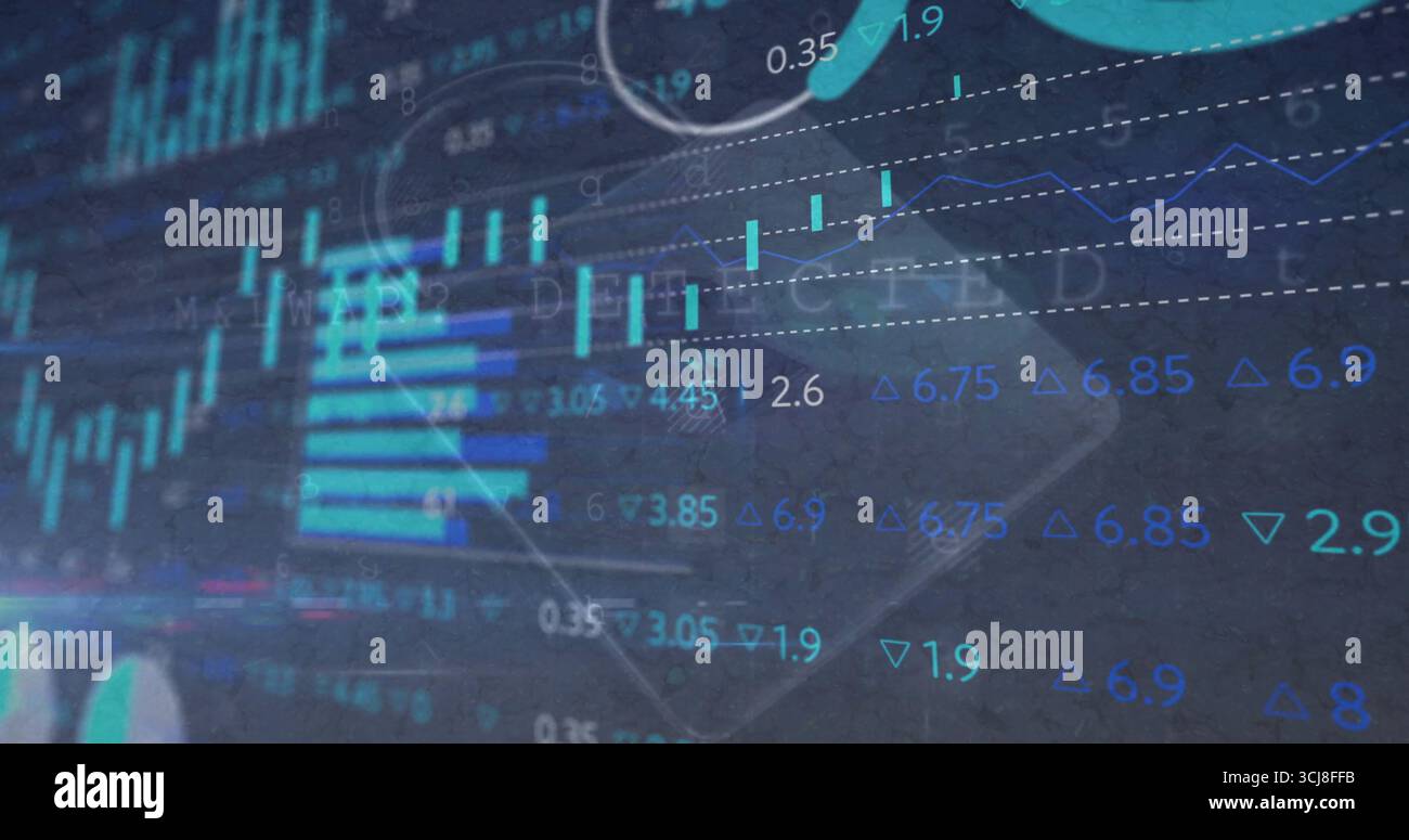 Displaying financial data on trading dashboard, with candlestick charts and numerical data labels Stock Photo