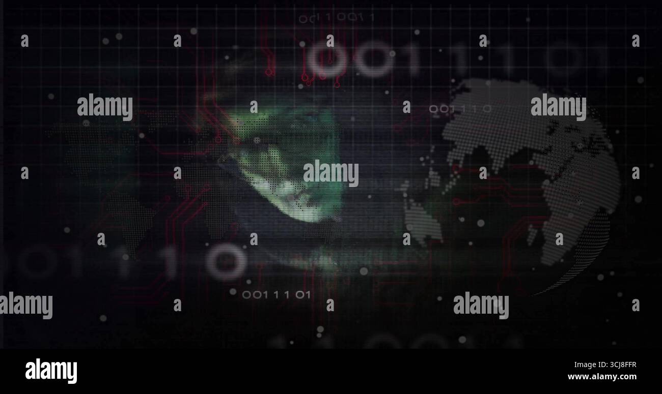 Hooded hacker typing code on laptop in cyber grid showing binary, red circuits, dotted world globe Stock Photo