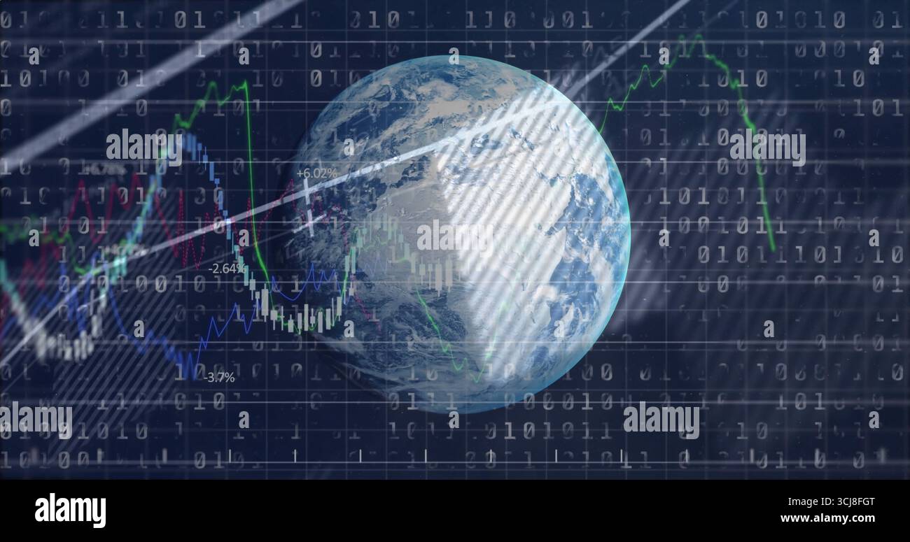 Displaying translucent Earth globe hovering over binary grid with market charts, light streaks Stock Photo