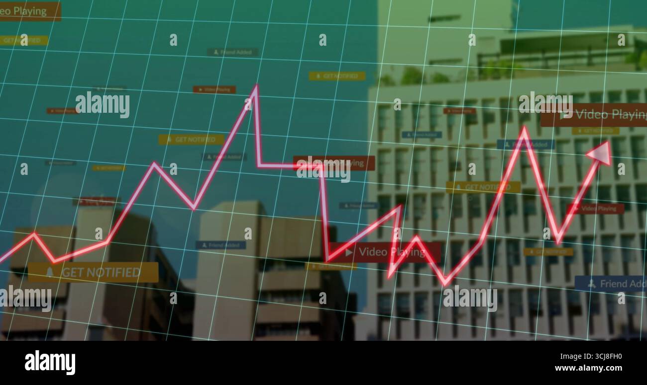 Displaying bright pink zigzag trend line running across skyline grid ...