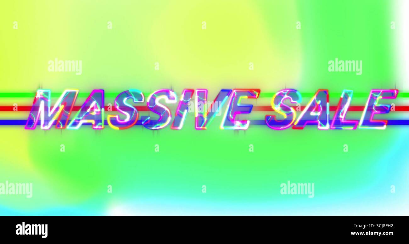 Displaying glitch-style text reading MASSIVE SALE in digital design layout, with RGB glitch lines Stock Photo