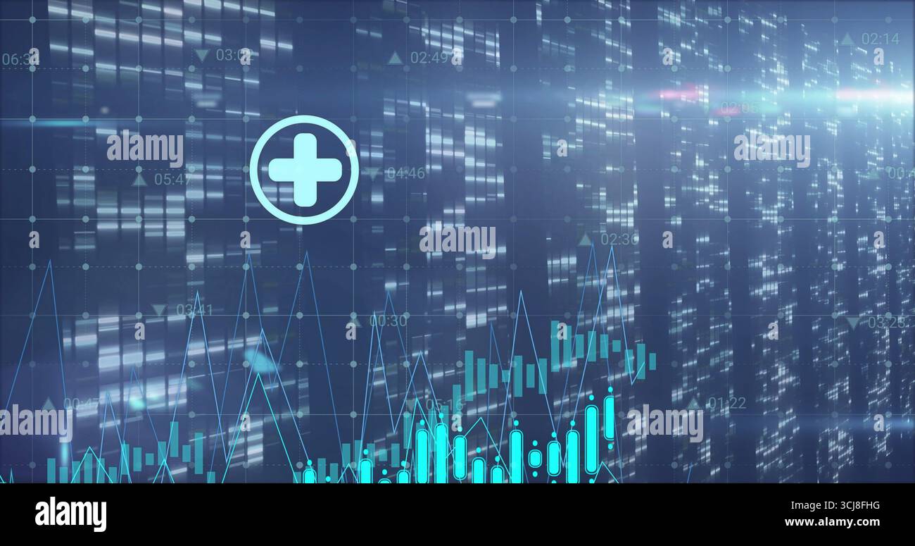 Displaying candlestick chart, line graph on dashboard with timestamped data marker grid plus icon Stock Photo