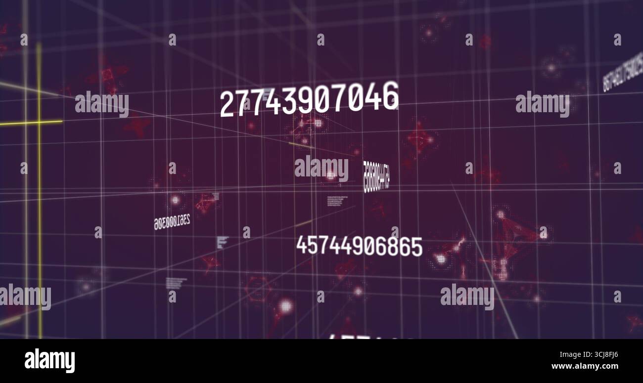 Floating numeric string moving through network, with grid lines, node clusters and yellow crosshair Stock Photo
