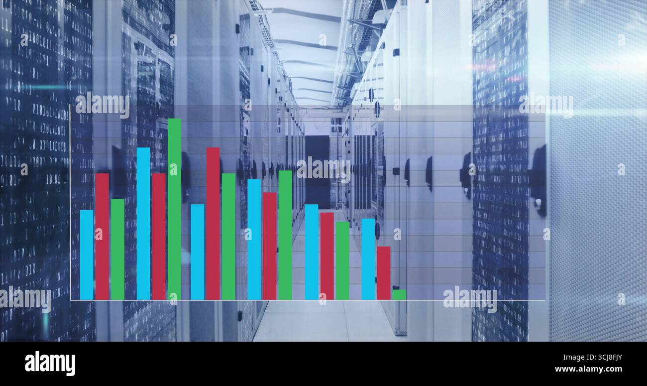 Displaying blinking LEDs and code on server rack corridor in data center with colored chart overlay Stock Photo