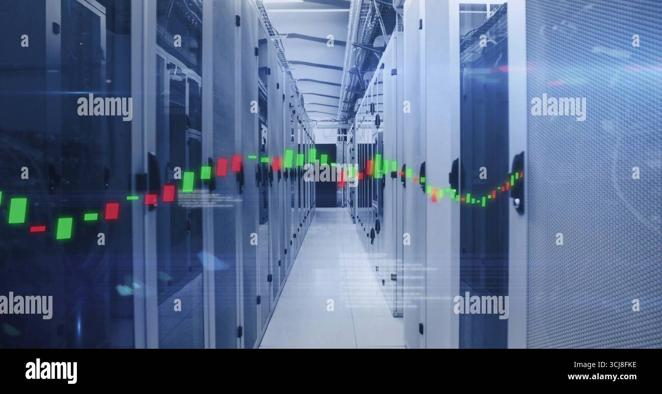 Displaying server racks in data center corridor showing LEDs and network cables with chart overlay Stock Photo