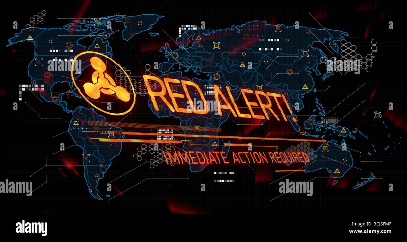 Displaying map on control panel screen, with orange icon and RED ALERT! IMMEDIATE ACTION REQUIRED Stock Photo