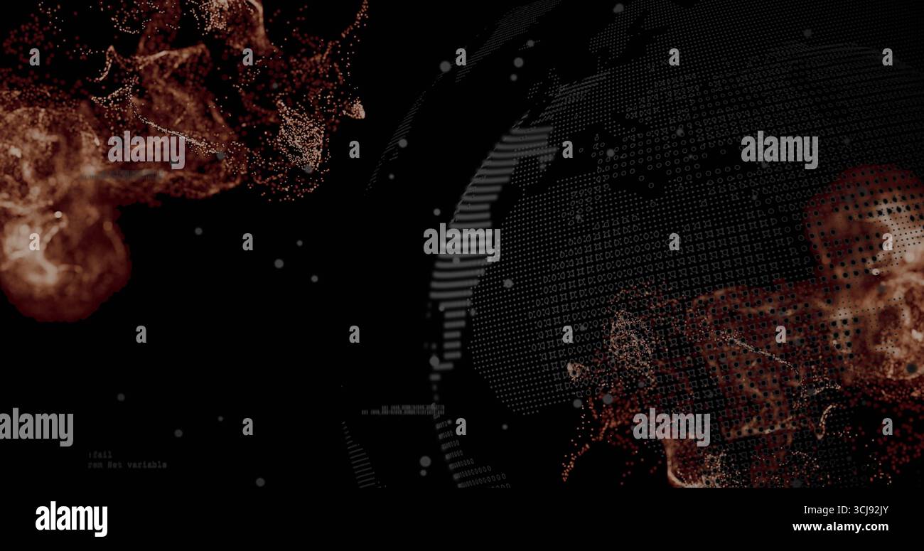Digital globe rotating in digital void, with copper clouds, data points and binary code, copy space Stock Photo