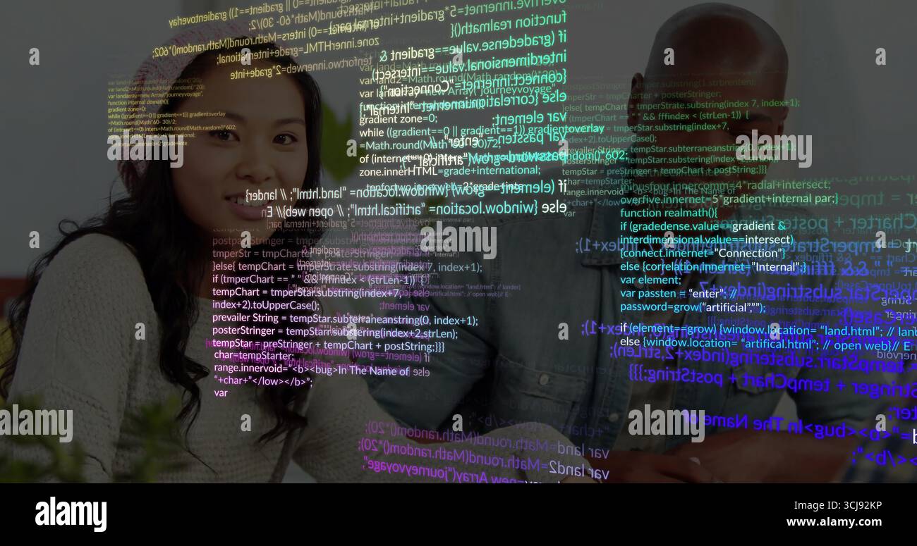 Collaborating software team leaning around tech desk, laptop coffee-cup plant papers code overlay Stock Photo