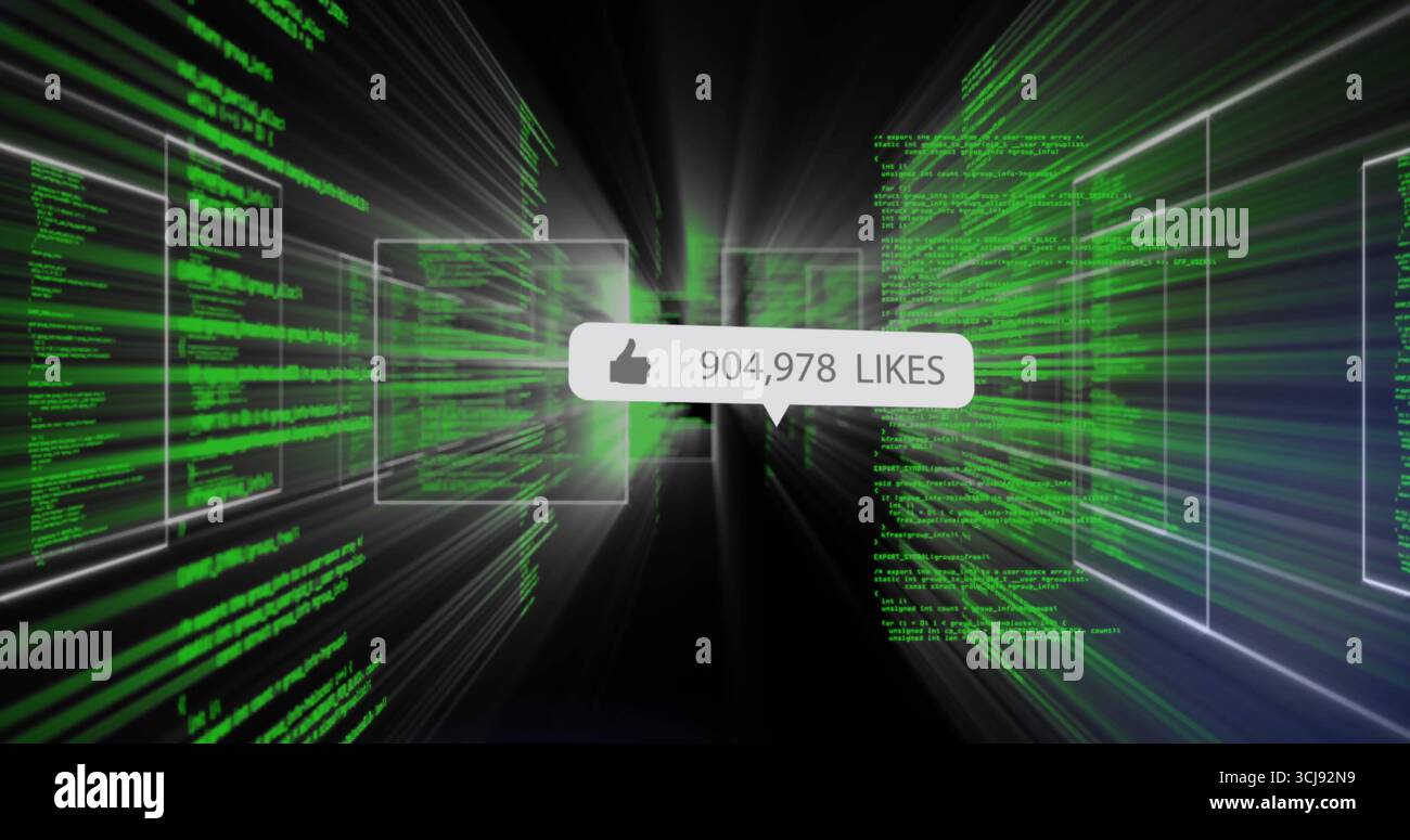 Streaming green code lines through digital tunnel, showing notification bubble with 904,978 likes Stock Photo