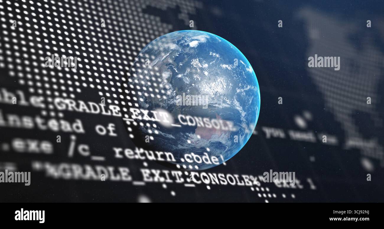 Floating 3D planet Earth swirling in virtual space, with code text overlay, world map dots, specks Stock Photo