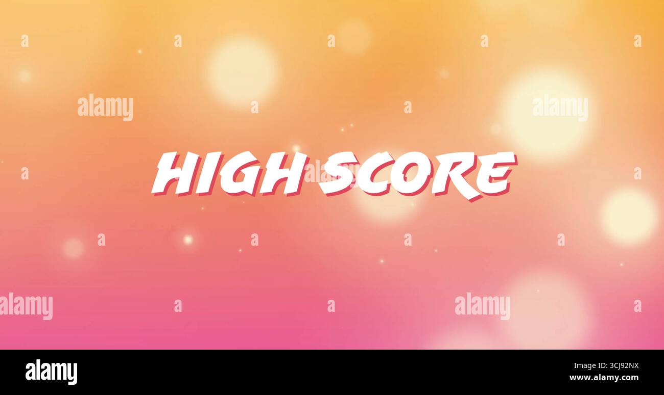 Displaying stylized high score text glowing over gradient background, with scattered light spots Stock Photo