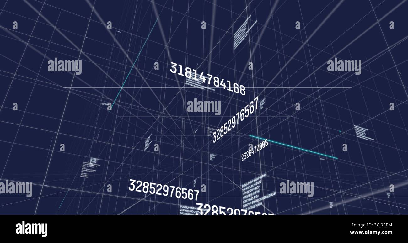 Floating numerals and code blocks moving in wireframe grid tunnel, highlighting glowing teal line Stock Photo