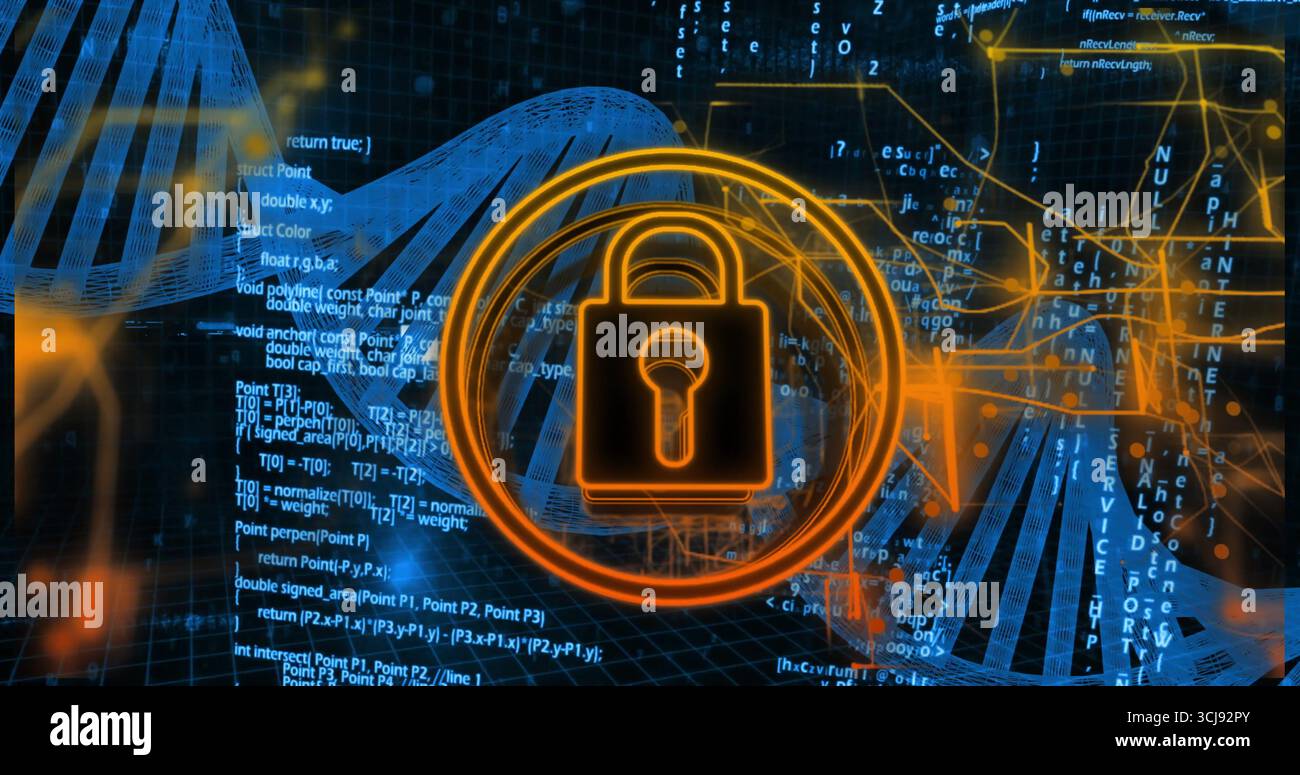 Glowing orange padlock icon protecting digital network, with code waves and network nodes Stock Photo