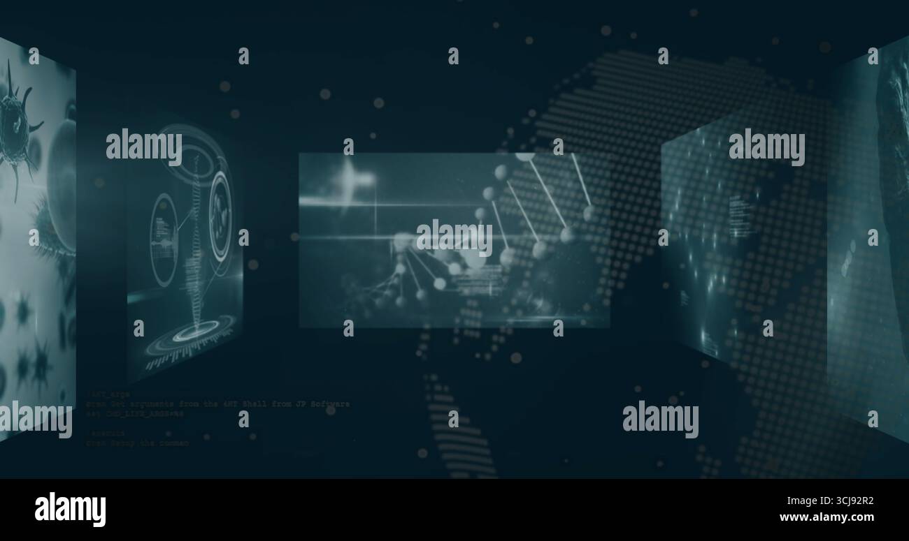 Displaying holographic panel projecting molecular network nodes in virtual lab, with virus graphics Stock Photo