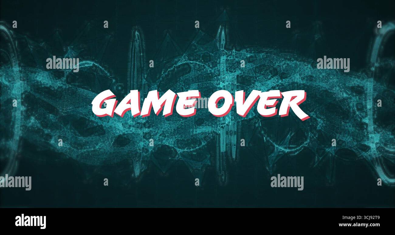 Displaying stylized GAME OVER text floating over digital backdrop, with waveforms and data streams Stock Photo